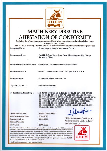 Trung Quốc Zhangjiagang Langbo Machinery Co. Ltd. Chứng chỉ
